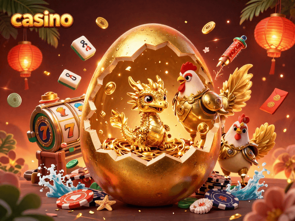 Engage with this dynamic casino illustration showcasing a golden dragon on poker chips, symbolizing luck and fortune.