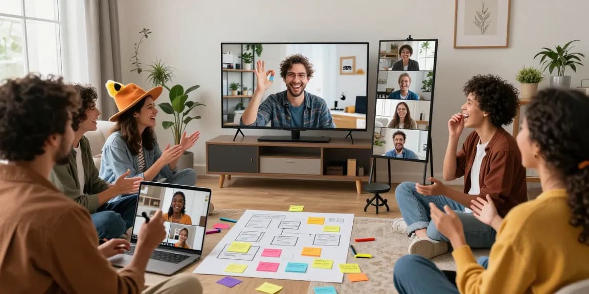 Interactive online improv class with diverse participants laughing, engaging from home, showcasing creativity and fun.