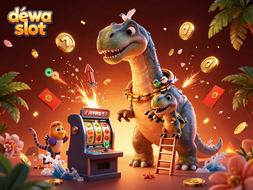 Menang di dewa slot dengan mesin slot yang berputar dan karakter interaktif dalam suasana kasino yang meriah.
