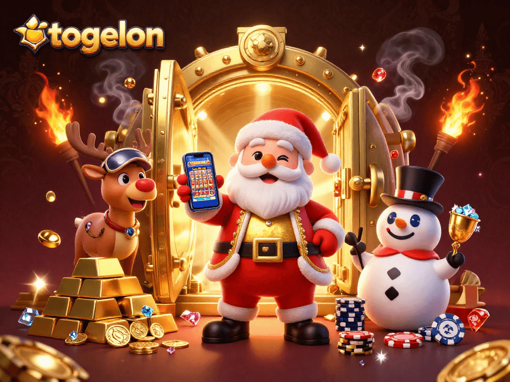 Togelon presents a festive scene with Santa, his reindeer, and a snowman celebrating jackpot slots in a dazzling casino.