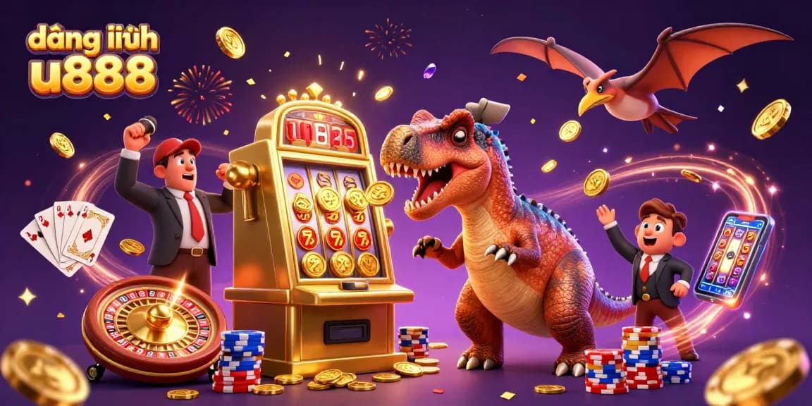 Engage with the excitement of đăng nhập u888 as a dinosaur triumphantly headbutts a slot machine for jackpot rewards.