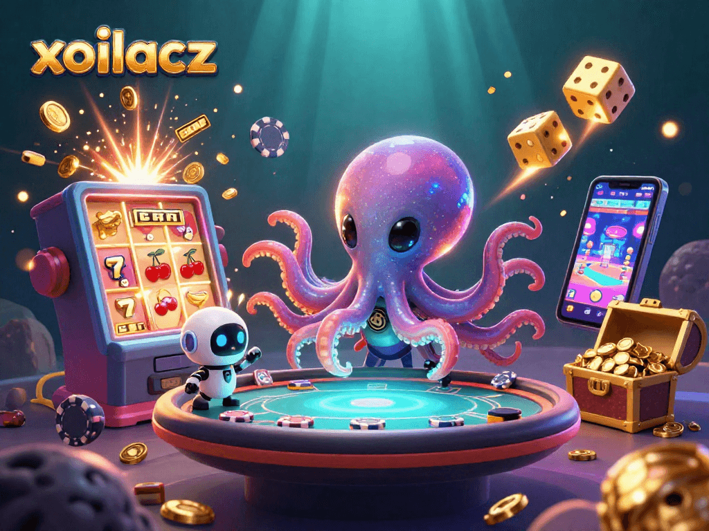 Engage with the xoilacz alien octopus at a holographic poker table amidst vibrant gaming elements.