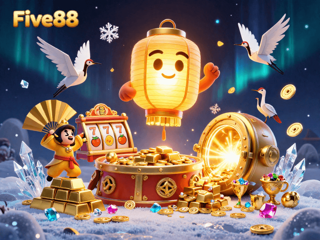 Engage with Five88's vibrant casino world featuring a glowing lantern spirit and fortune symbols.