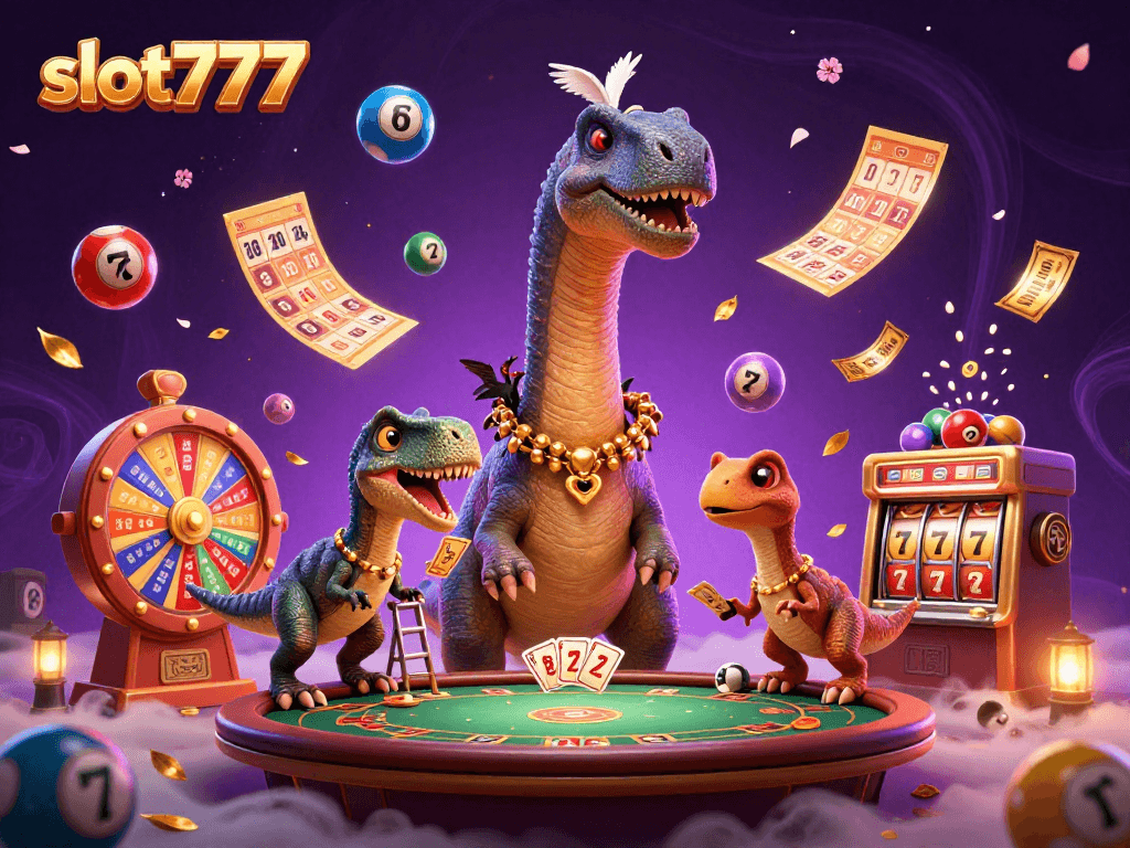 Engage with exciting slot777 action featuring a colossal brontosaurus and raptor dealer amidst vibrant casino elements.