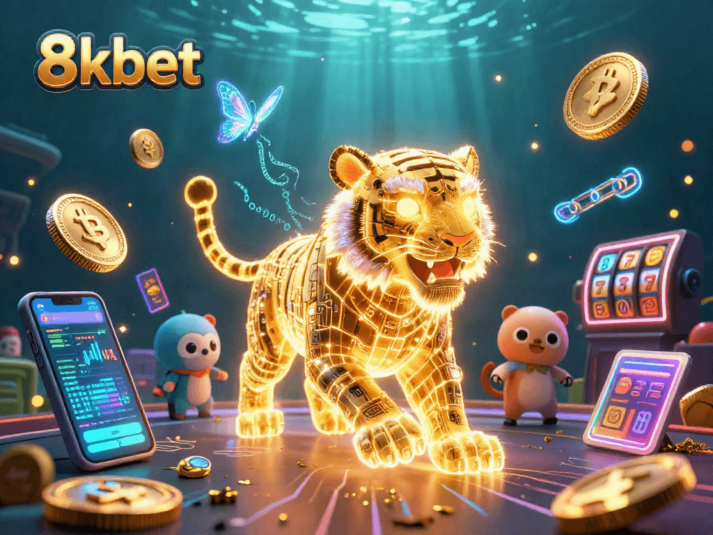 Engage with 8kbet's vibrant casino scene showcasing a golden tiger amidst dynamic gaming elements and digital coins.
