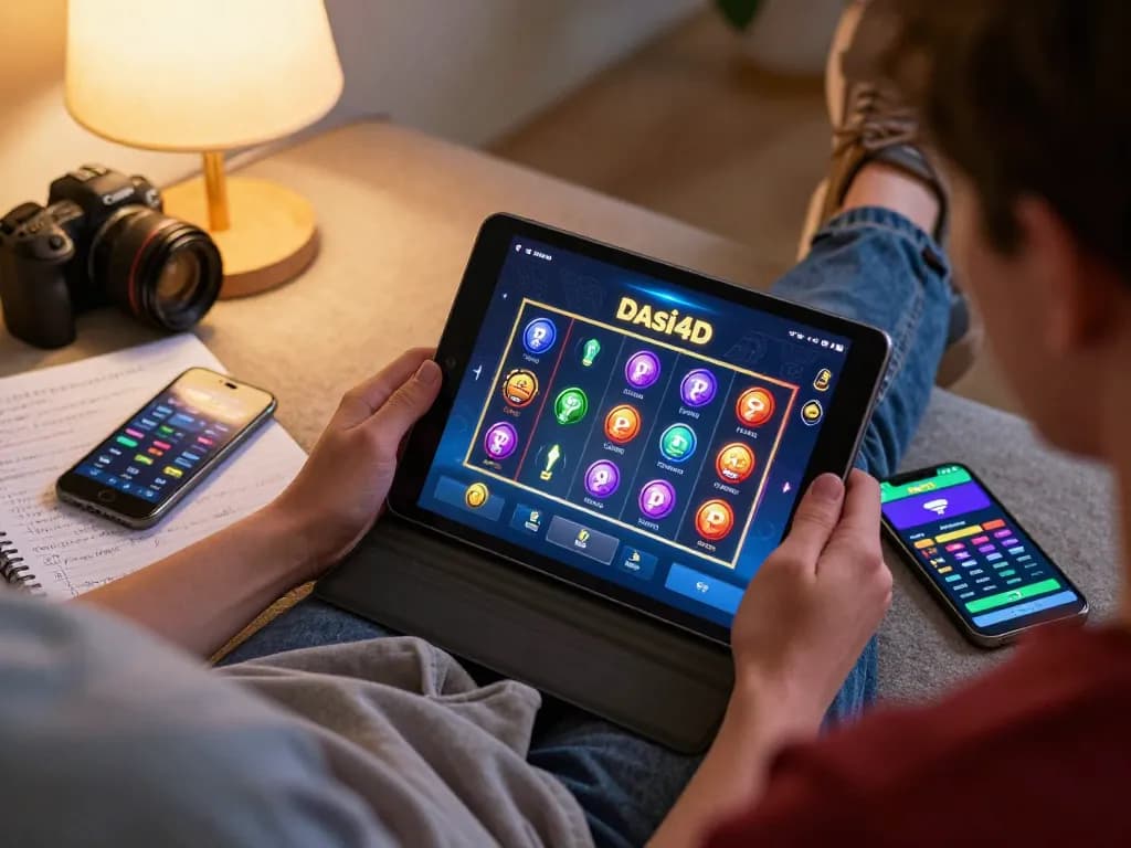 Berinteraksi dengan aplikasi dasi4d slot di tablet dalam pengaturan rumah yang nyaman, menyoroti perjudian online.