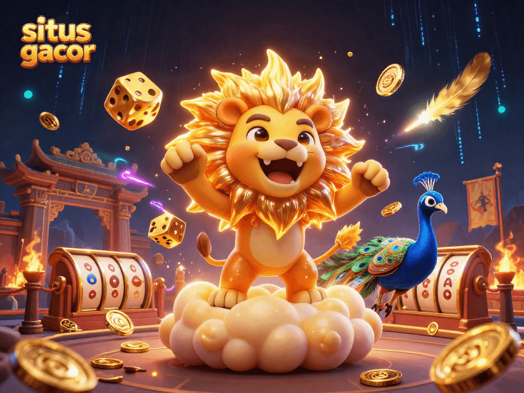 Engage with situs slot gacor in this vibrant, energetic 3D casino scene featuring golden dice, slot reels, and coins.