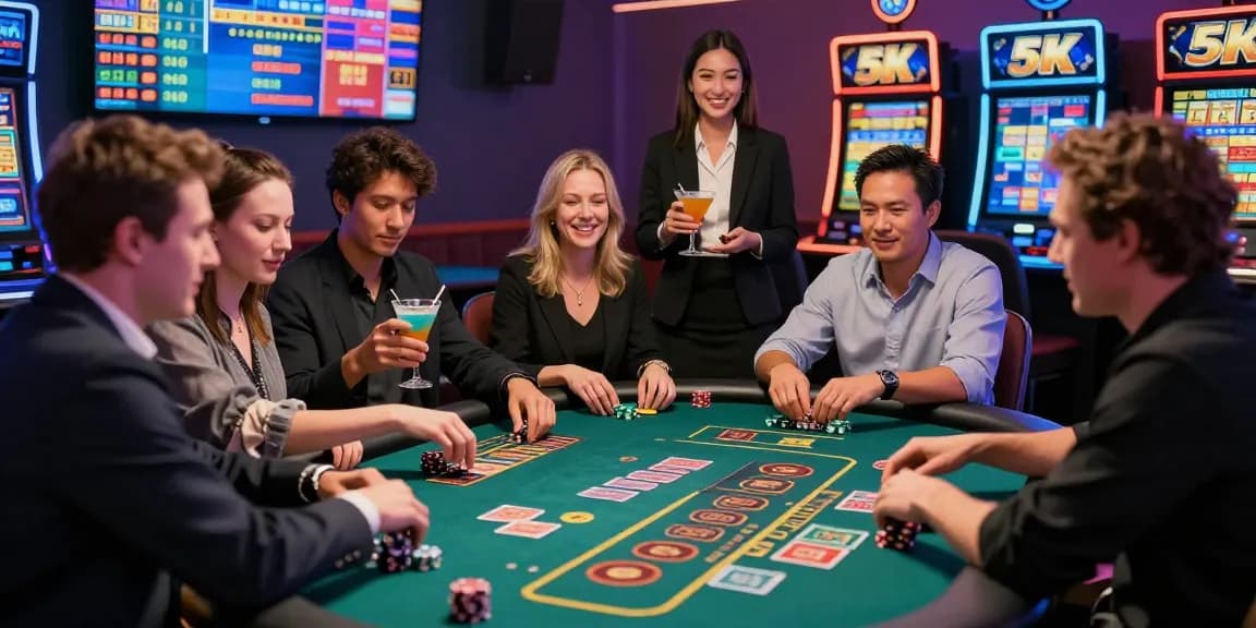 Casino gaming scene with players discussing slot depo 5k strategies amidst vibrant atmosphere.