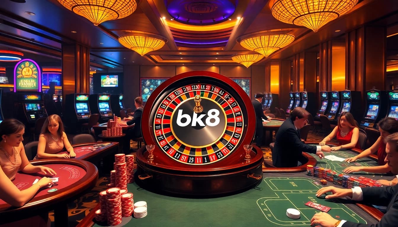 Experience the excitement of bk8 casino with players enjoying roulette and vibrant slot machines.