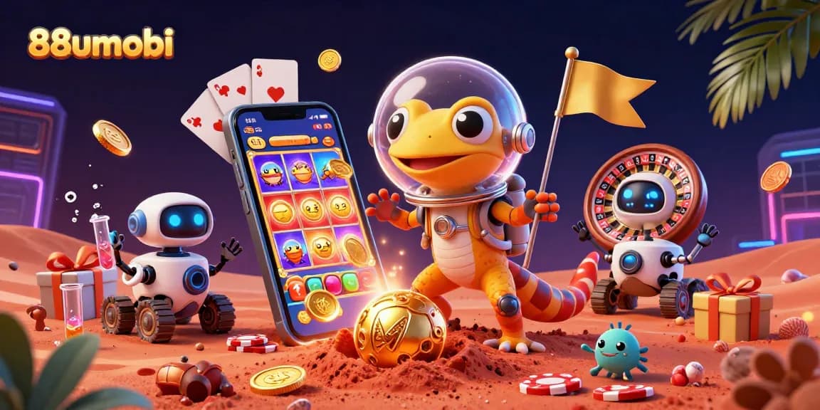 Experience 88uumobi with vibrant 3D illustration of a Martian gecko at a golden casino.