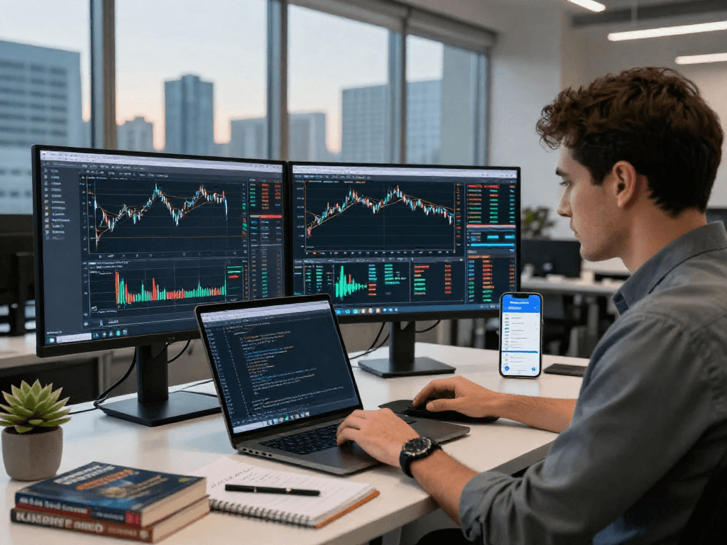 Trader analyzing market data on TradingView at a modern workstation with multiple screens and city skyline.