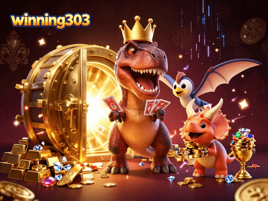 winning303 main characters in a vibrant casino scene stacking chips and shuffling cards