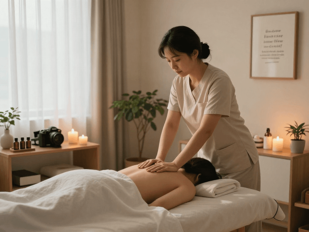 Relaxing massage therapy scene for 부평출장안마, showcasing soothing ambiance and professional therapist.