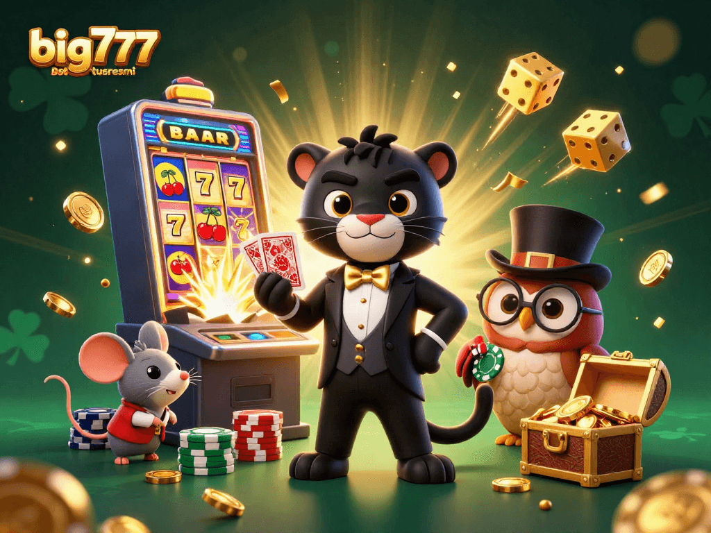 Experience big777situsresmi with a stylish panther dealing cards amid a jackpot explosion in this vibrant illustration.