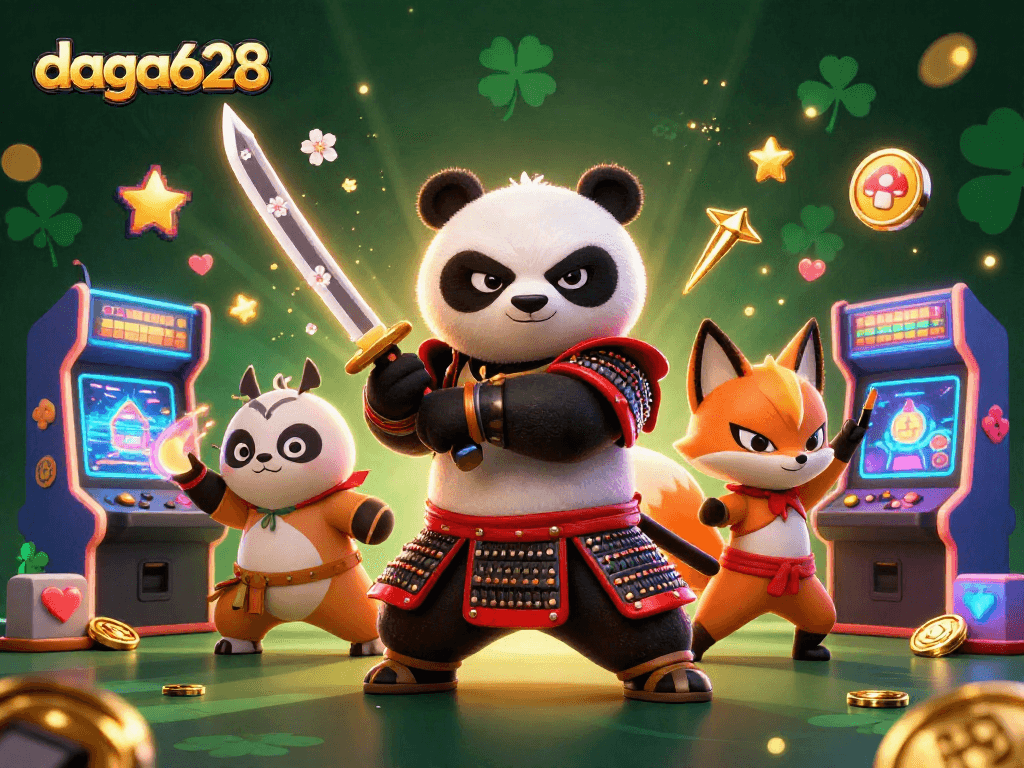 daga628 showcases a samurai panda and ninja fox in a vibrant, magical gambling scene with dynamic casino elements.