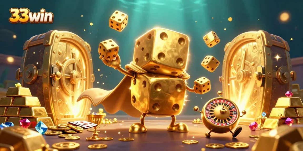Experience the thrill of 33win with our golden dice golem and treasures in a vibrant casino scene.