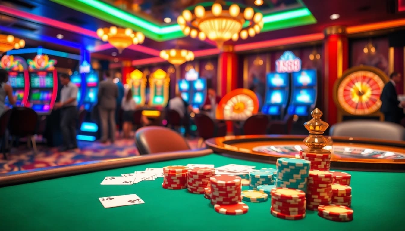 Play exciting casino games featuring NK88 with vibrant poker tables and roulette wheels.