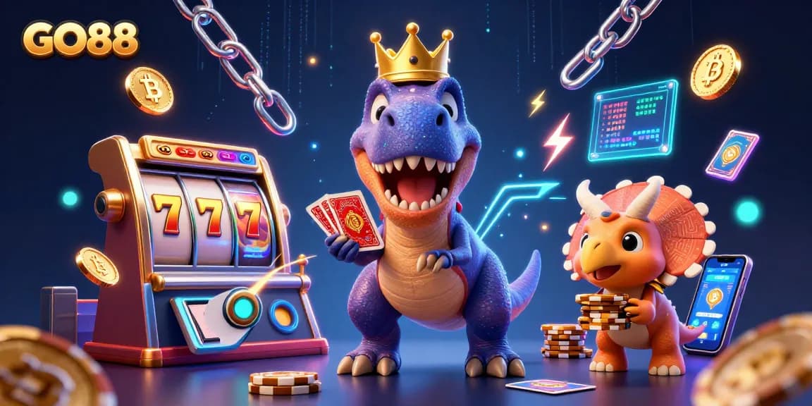 Engage with GO88's vibrant casino world featuring T-Rex shuffling cards and neon slot elements.