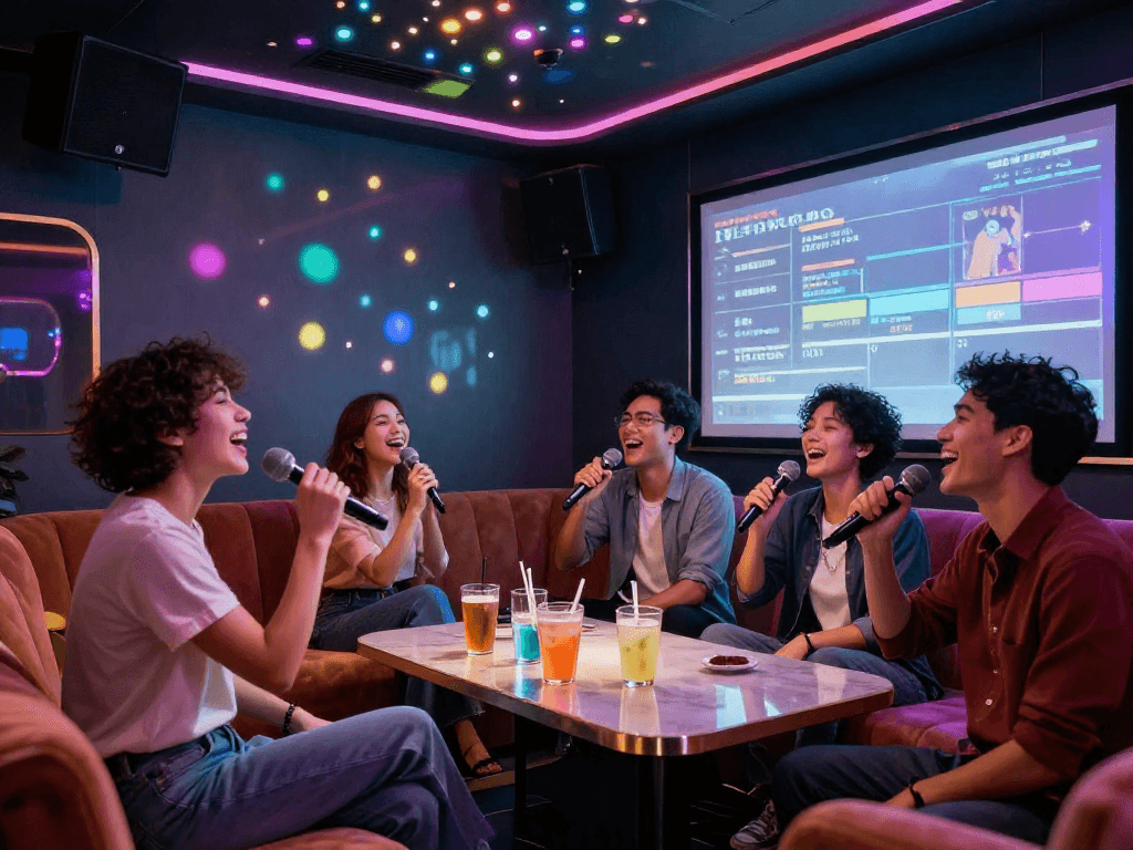 강남가라오케에서 친구들과 함께 노래 부르는 화려한 분위기의 룸.