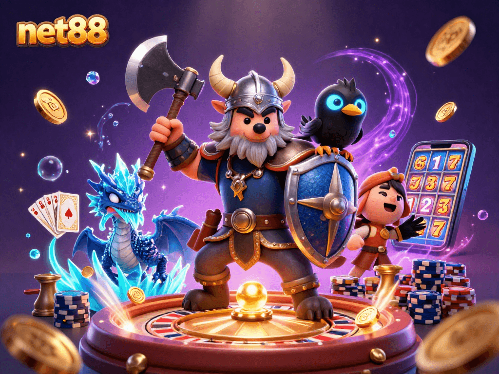 Experience net88's thrilling casino games with a Viking warrior and a fierce dragon amid an exciting backdrop.