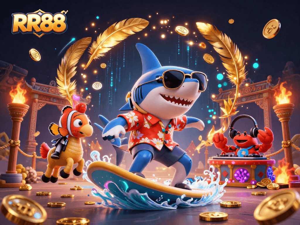 Experience thrilling gameplay at RR88 with vibrant characters surfing gold coins and exciting casino elements.