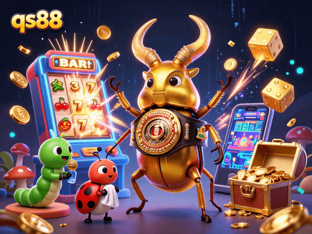 Experience the excitement at qs88 as a golden stag beetle champions a slot jackpot in a vibrant casino scene.