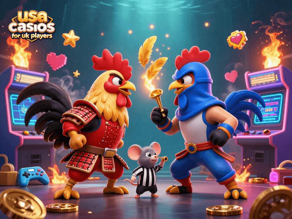 Engage with top usa casinos for uk players showcasing vibrant gaming action featuring roosters in combat.