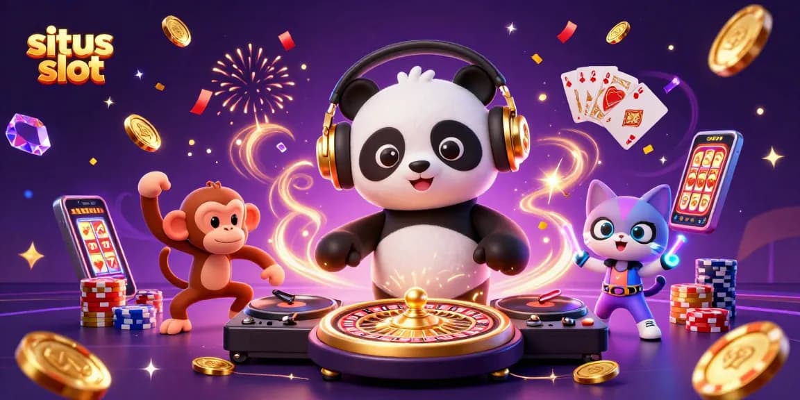 Gambarkan suasana menarik situs slot dengan DJ panda, monyet menari, dan kucing bercahaya di kasino.