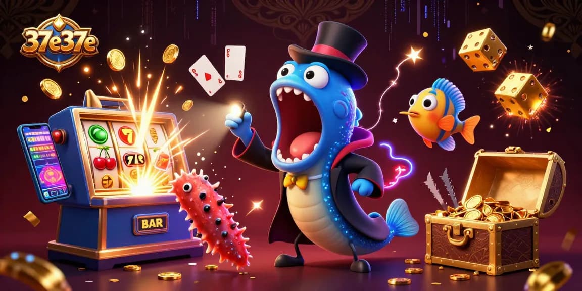 Experience the magic of 37e37e with a colorful casino scene featuring animated sea creatures performing tricks and jackpot winnings.
