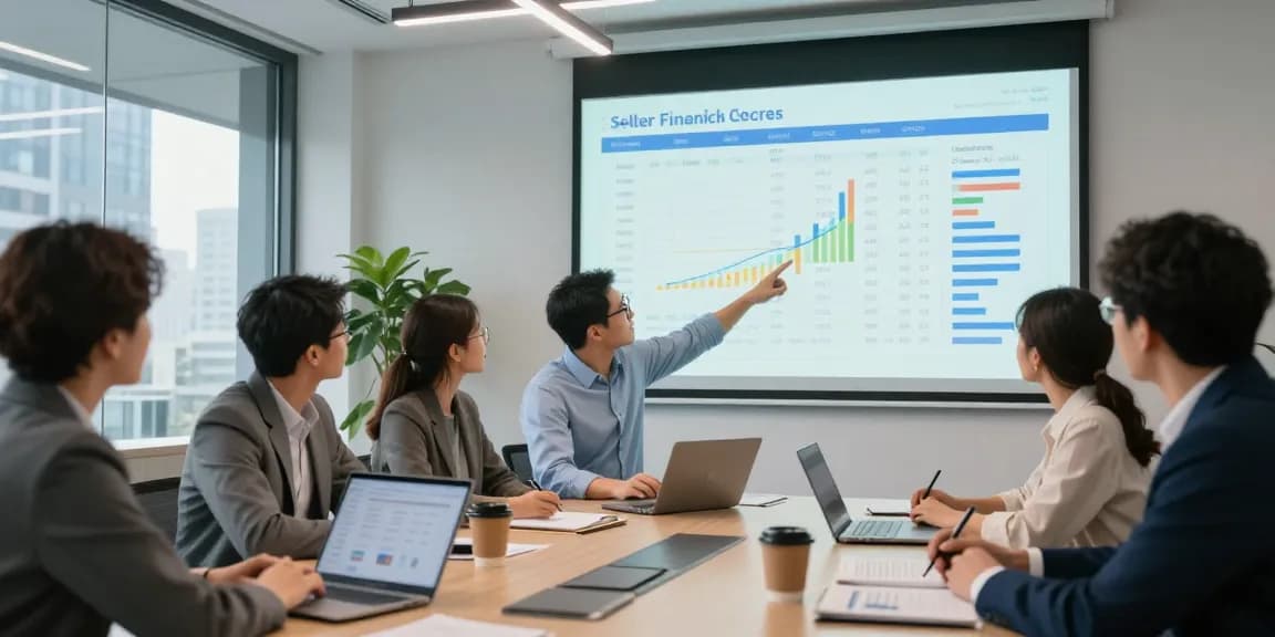 Team collaborating on a seller financing calculator in a bright modern office, analyzing financial data.