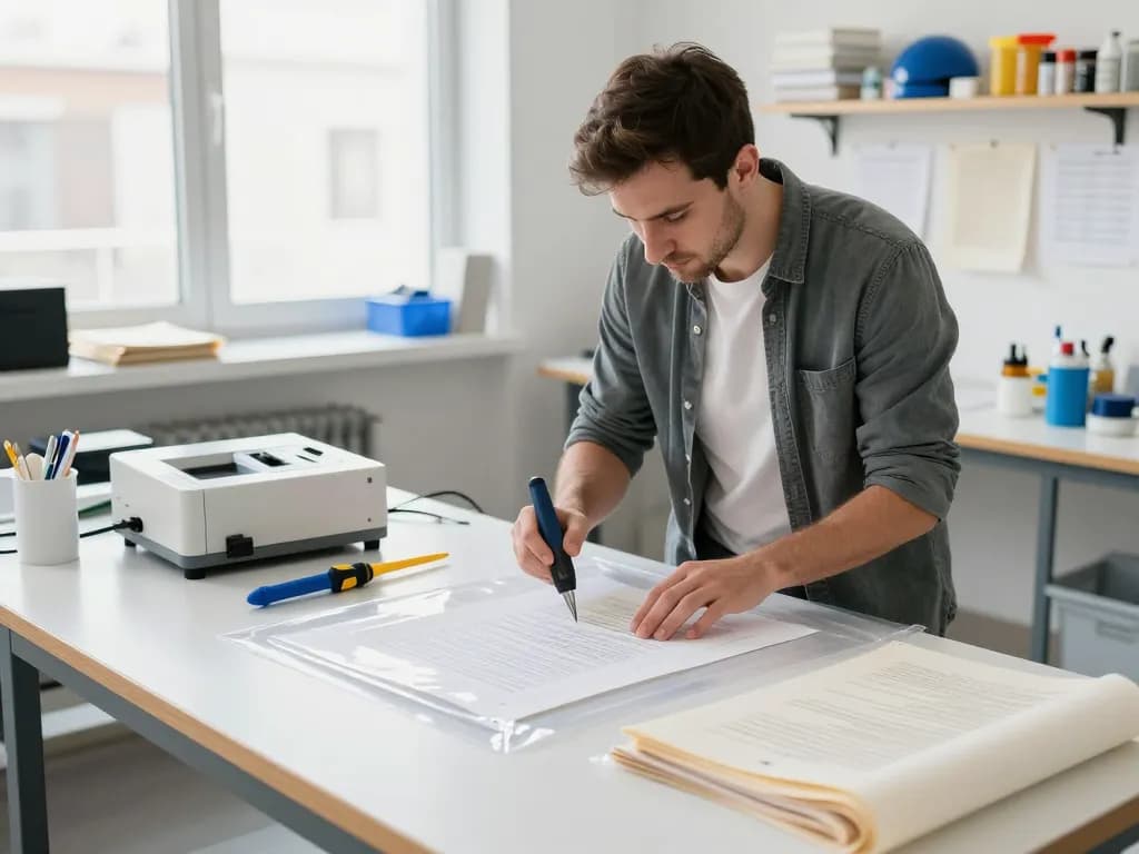 gỡ ép plastic hà nội với một kỹ thuật viên phục hồi tài liệu đã được dán laminate một cách an toàn trong một không gian xưởng sáng sủa