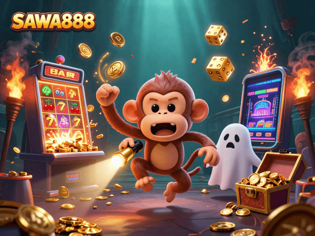 Experience thrilling gameplay with SAWA888's animated poltergeist monkey and curious puppy in a lively casino scene.