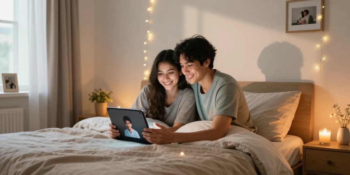 Couple enjoying ai sex interaction on tablet in cozy bedroom