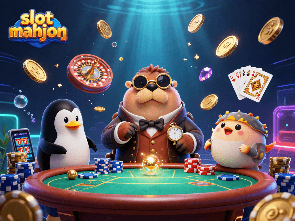 Engage with slot mahjong in a vibrant undersea casino scene featuring a cheerful walrus and friends.