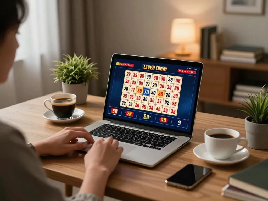 Engaging in live draw hk lotto on a laptop with real-time results in a cozy home setting.