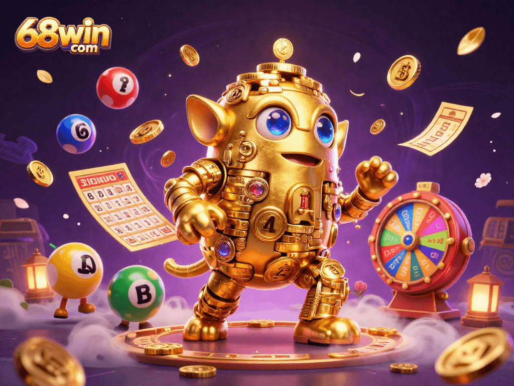 Bet big with 68win com in this vibrant illustration featuring casino elements like golden bingo cards and lottery balls.
