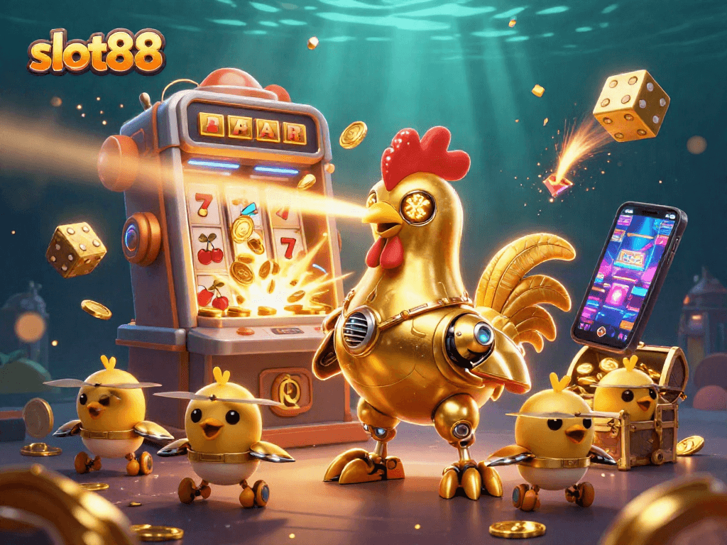 Engage in thrilling gaming with slot88 as a golden rooster robot and baby chick drones navigate a jackpot explosion.
