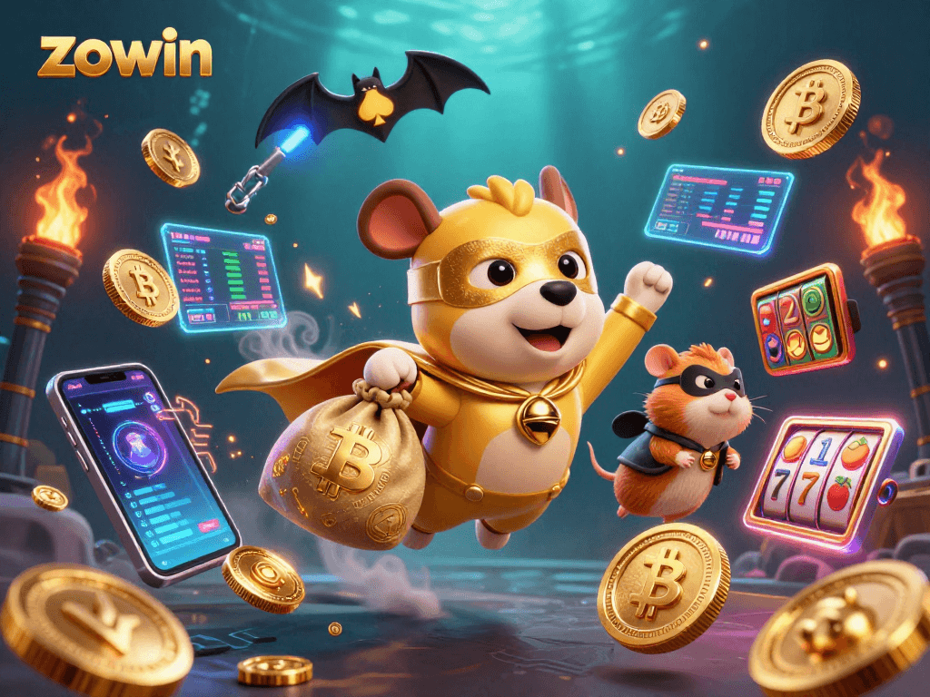 Watch Zowin's superhero dog protect winnings with gold coins in an action-packed casino scene.