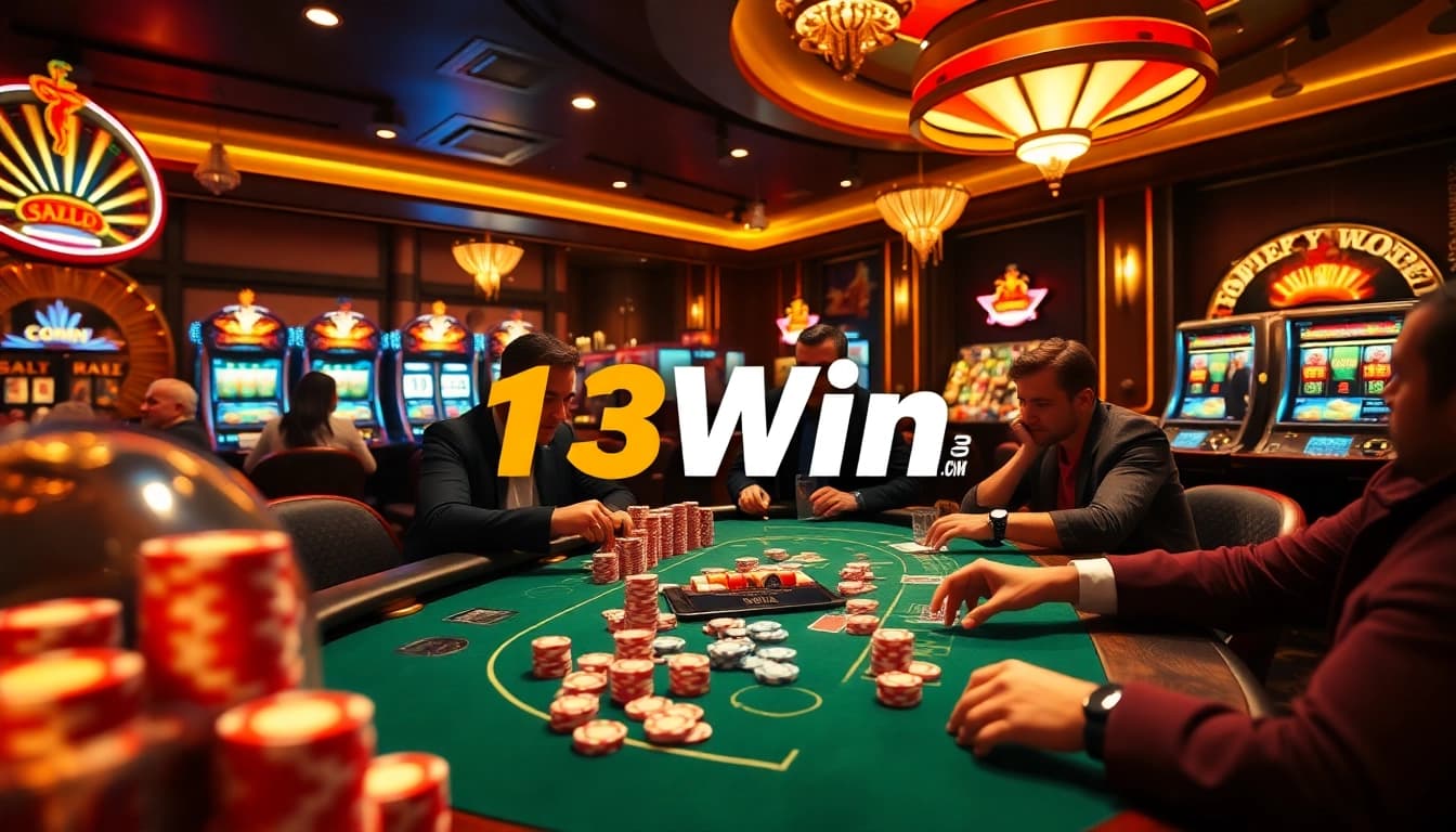 Gambler enjoying a thrilling moment at 13Win Com poker table with vibrant chips.
