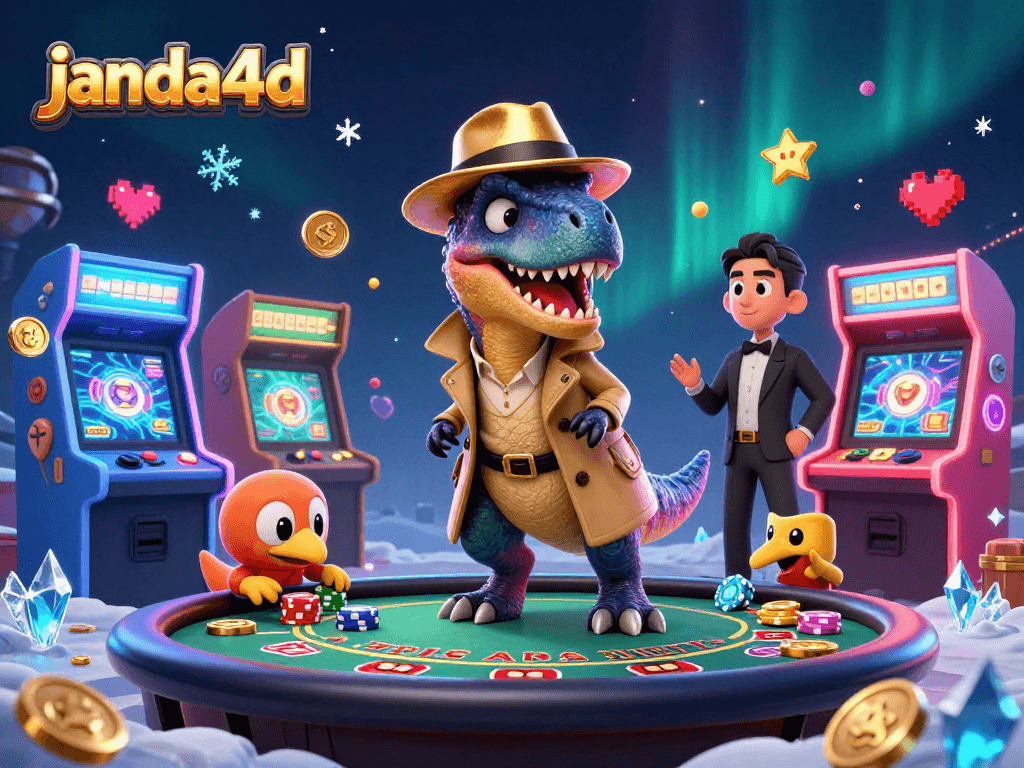 janda4d menampilkan velociraptor di kasino yang berusaha mencuri perhatian sambil bermain blackjack dengan suasana penuh warna dan aksi