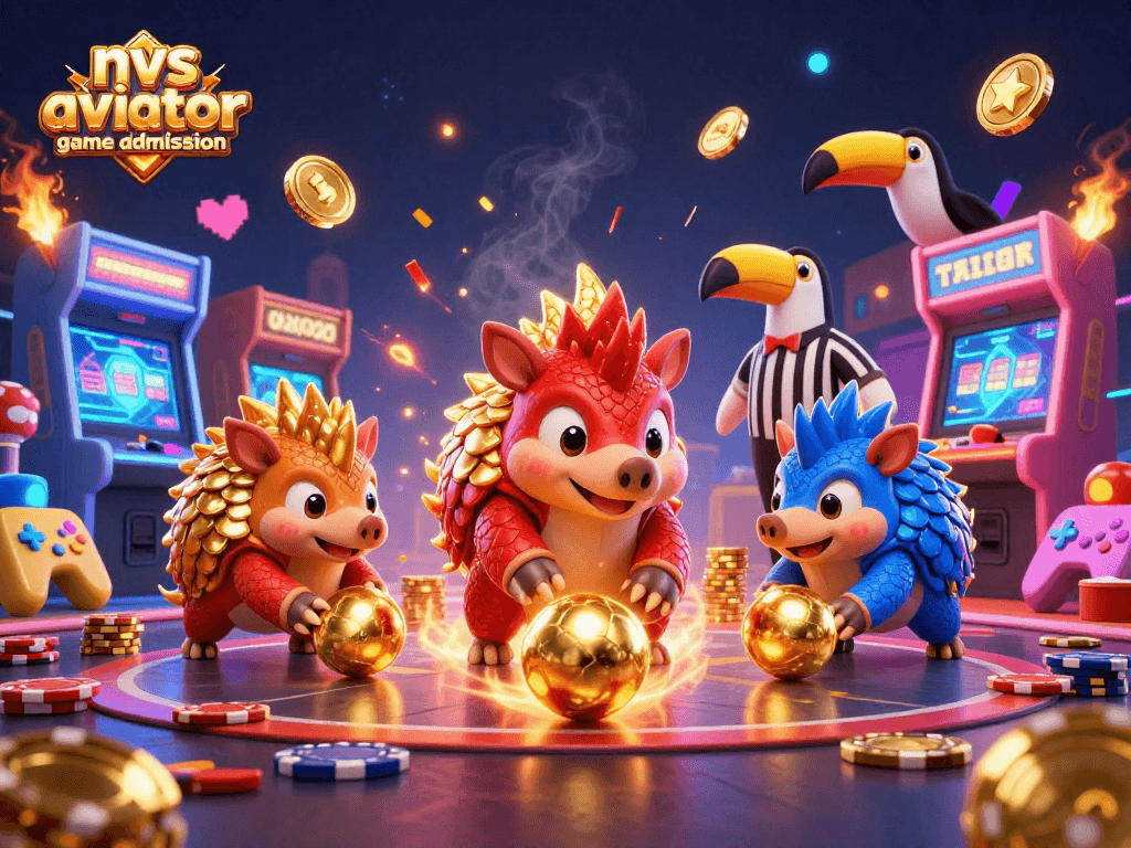 Engaging nvs aviator game admission scene with vibrant pangolins and casino-themed elements.