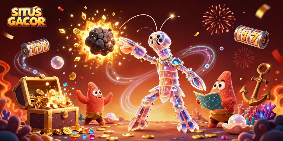 Experience winning moments on SITUS GACOR with a dynamic casino scene featuring slot reels and treasure.