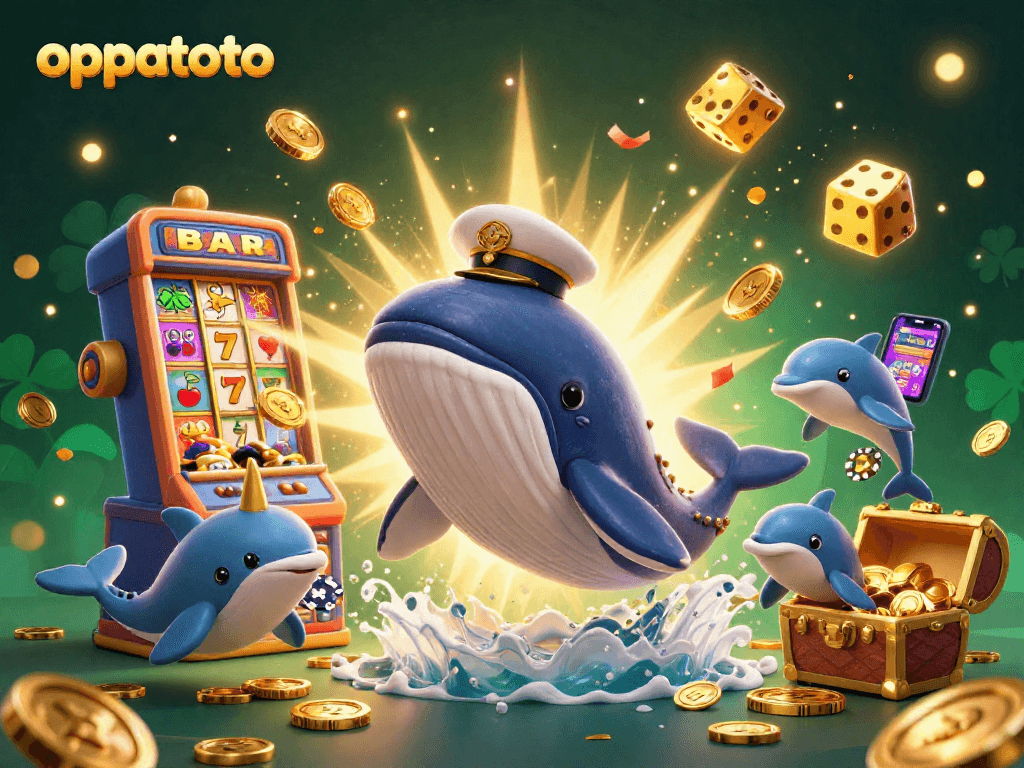 Experience thrilling wins with oppatoto in this vibrant casino scene featuring whales, coins, and poker chips.