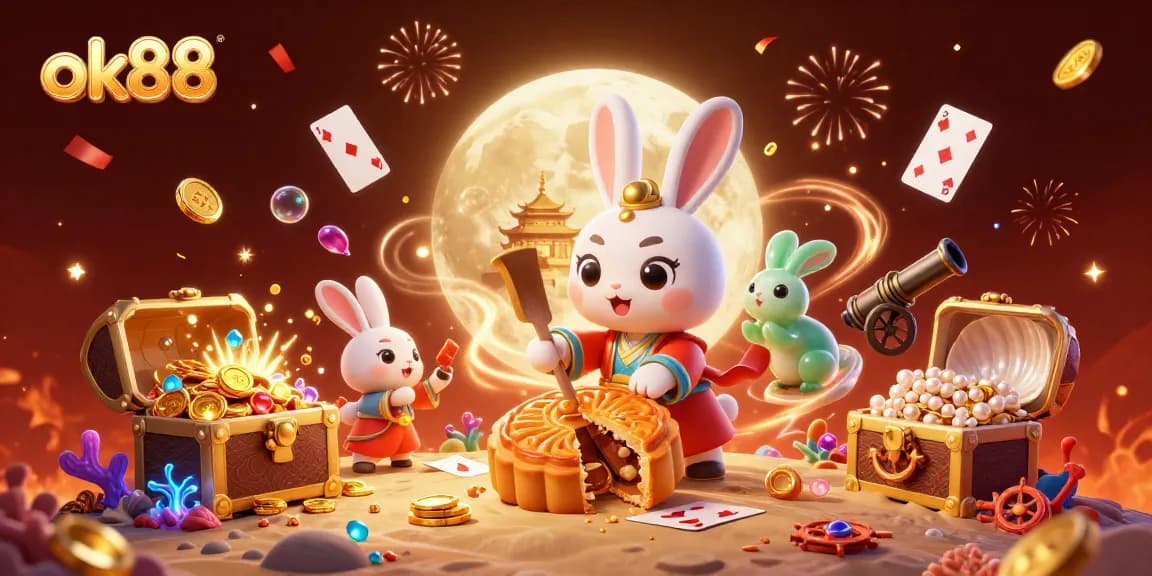 Join the fun with ok88 as the moon rabbit reveals poker chips in an exciting gaming scene.