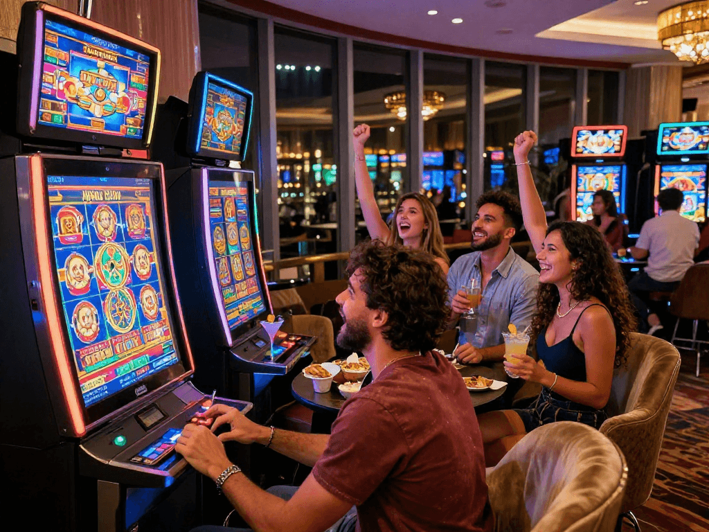 Group celebrating a big slot jackpot win in a lively casino environment.