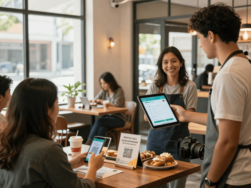 Engaging scene showcasing a loyalty application in action, highlighting customer interaction and rewards in a vibrant café setting.