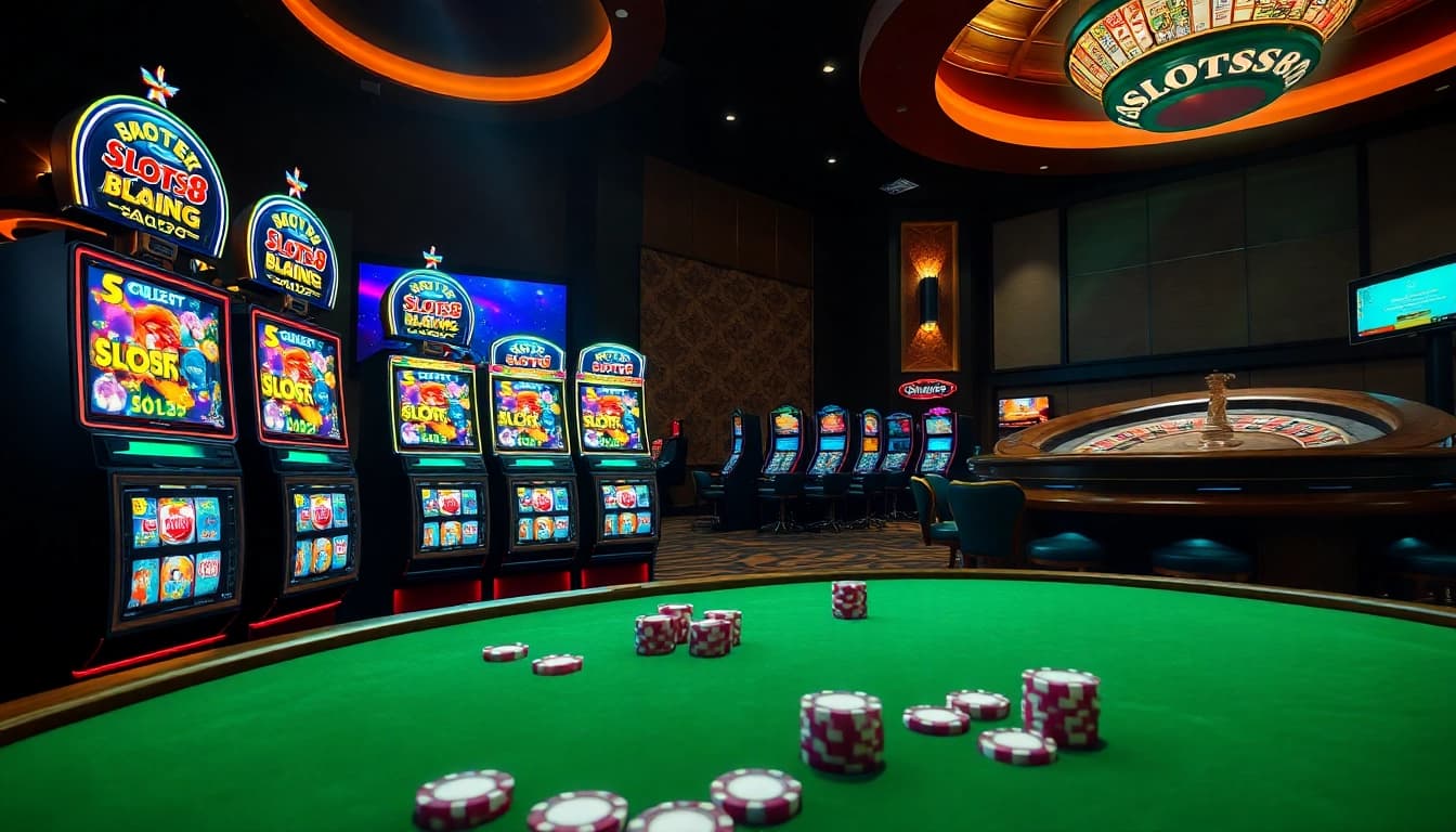 SLOTS8 vibrant slot machines spinning with excitement in a luxurious casino setting.