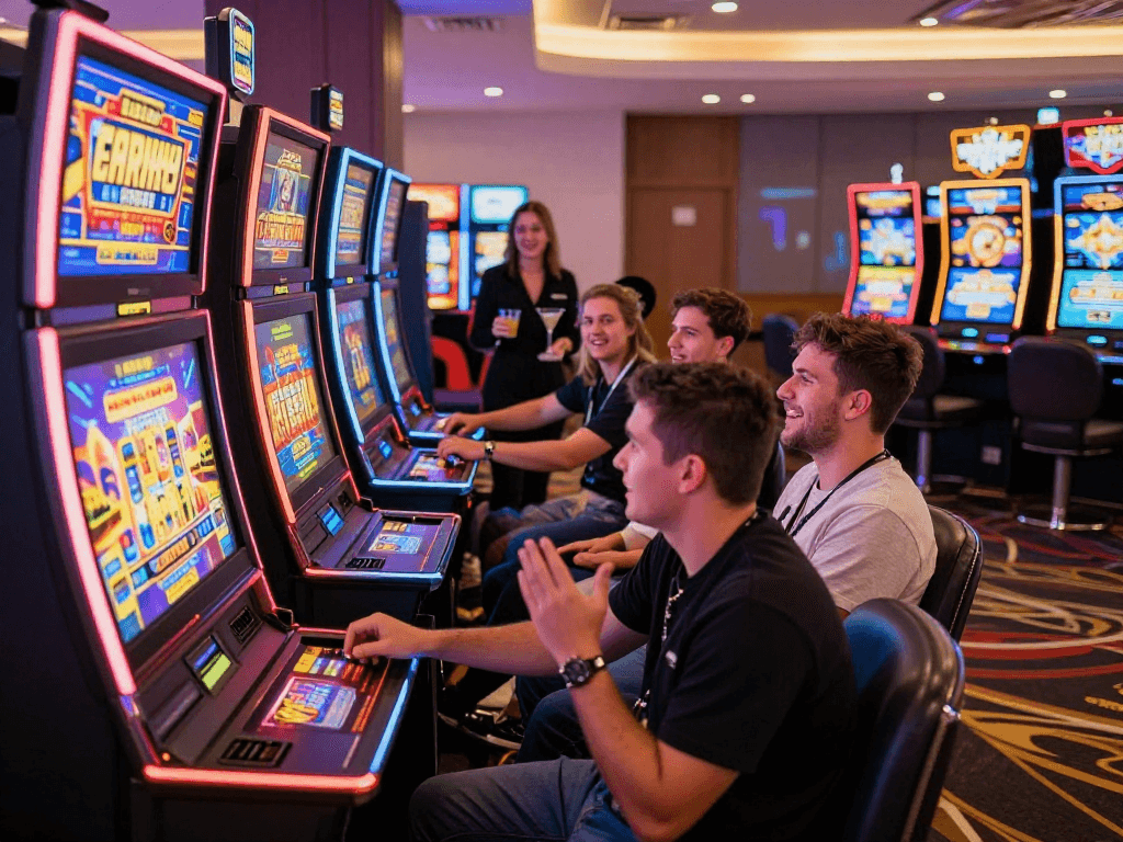 Pengalaman bermain slot gacor yang menarik di kasino modern dengan mesin slot berwarna cerah.