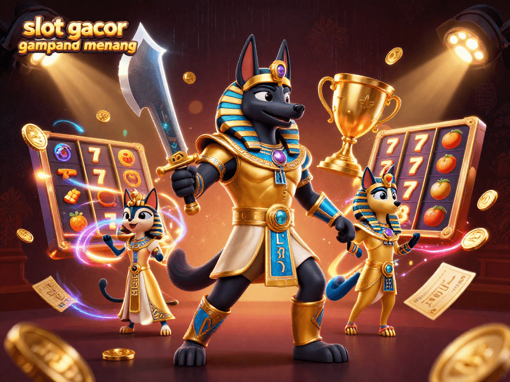 Engage in slot gacor gampang menang with Anubis and Bastet in an exquisite 3D casino illustration.