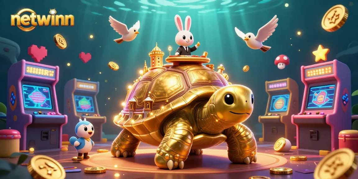 Experience the vibrant netwinn gaming adventure with a golden tortoise casino scene alive with action and colorful elements.
